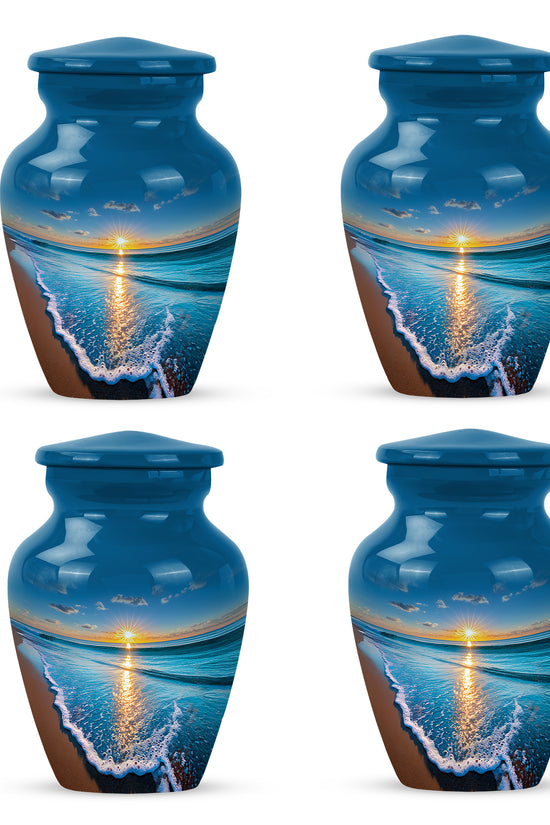 Powder Blue Beach Cremation Urn side profile showing urn shape - classic sculpted beach pattern on smooth aluminum - 10 inch aluminum urn for cremated remains