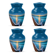 Powder Blue Beach Cremation Urn side profile showing urn shape - classic sculpted beach pattern on smooth aluminum - 10 inch aluminum urn for cremated remains