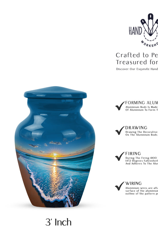 Sky Blue Beach Cremation Urn close-up of engraving and surface detail - classic sculpted beach pattern on smooth aluminum - mini keepsake memorial for portion of cremation ashes