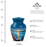 Sky Blue Beach Cremation Urn close-up of engraving and surface detail - classic sculpted beach pattern on smooth aluminum - mini keepsake memorial for portion of cremation ashes