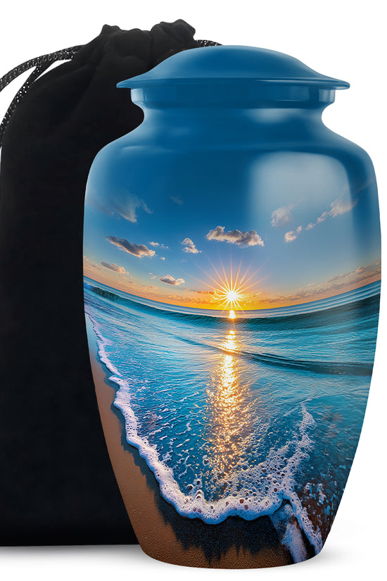 Navy Blue Beach Cremation Urn angled view of lid and engraved motif - classic sculpted beach pattern on smooth aluminum - full-size 10 inch 200 cubic inch adult cremation urn