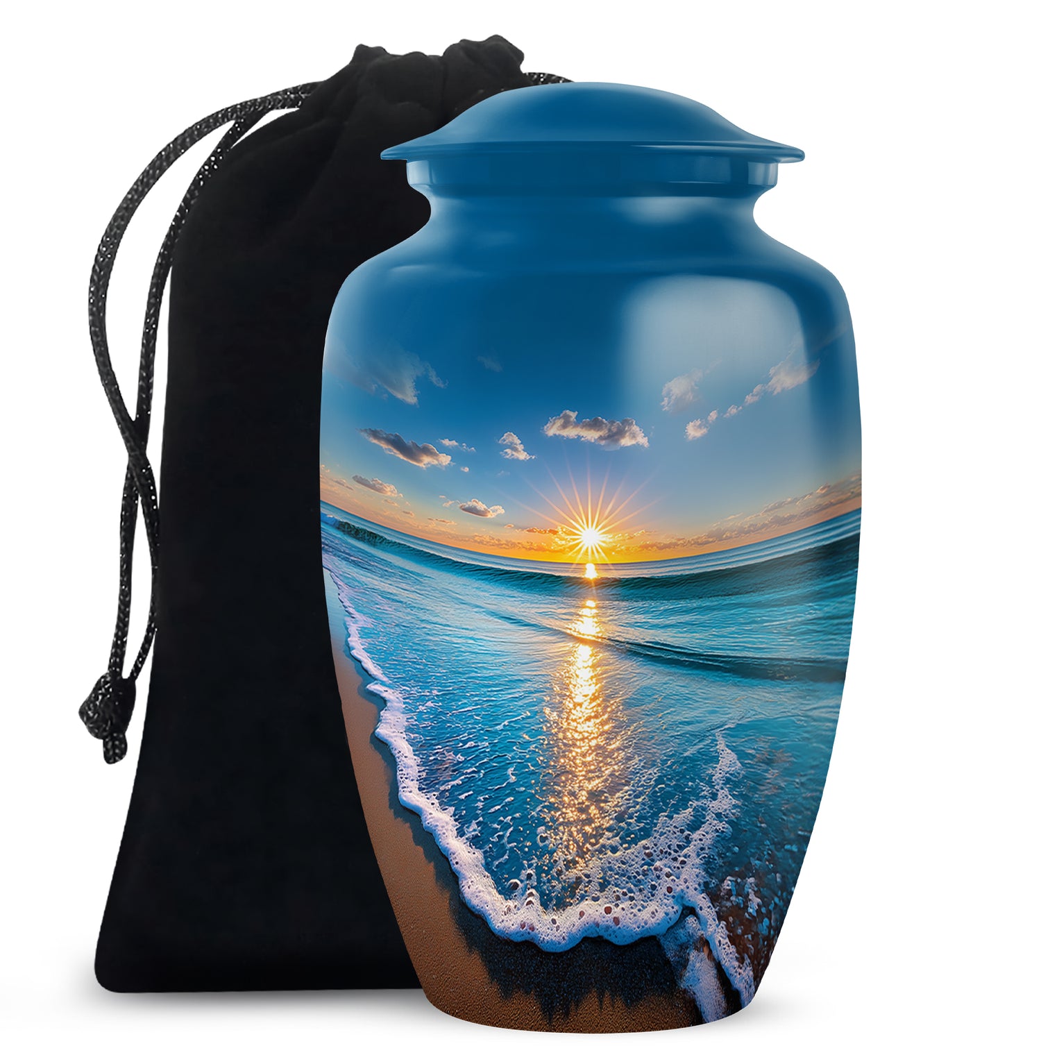 Navy Blue Beach Cremation Urn angled view of lid and engraved motif - classic sculpted beach pattern on smooth aluminum - full-size 10 inch 200 cubic inch adult cremation urn