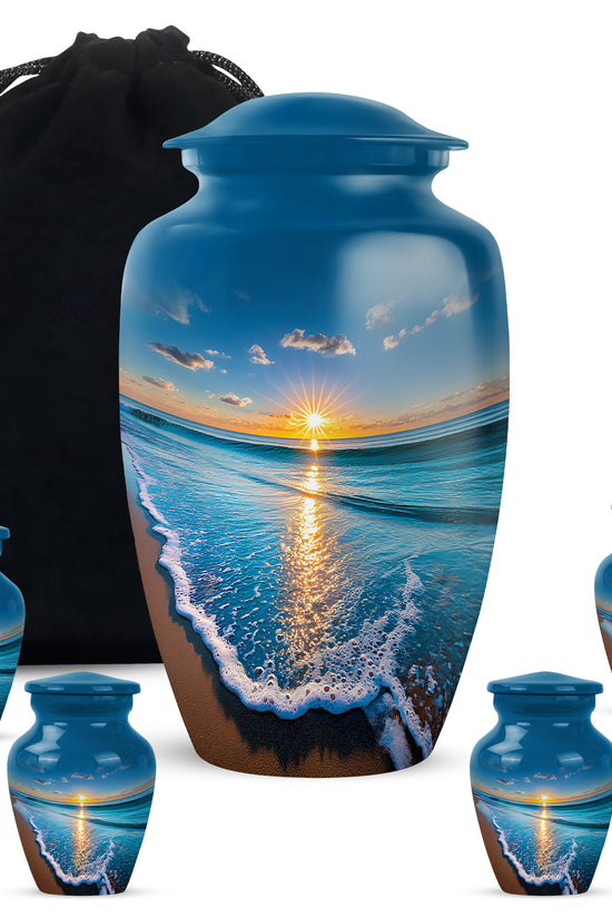 Cornflower Blue Beach Cremation Urn top-down view of secure threaded lid - traditional beach engraving with hand-polished finish - memorial set with one large and four small urns