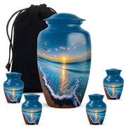 Cornflower Blue Beach Cremation Urn top-down view of secure threaded lid - traditional beach engraving with hand-polished finish - memorial set with one large and four small urns