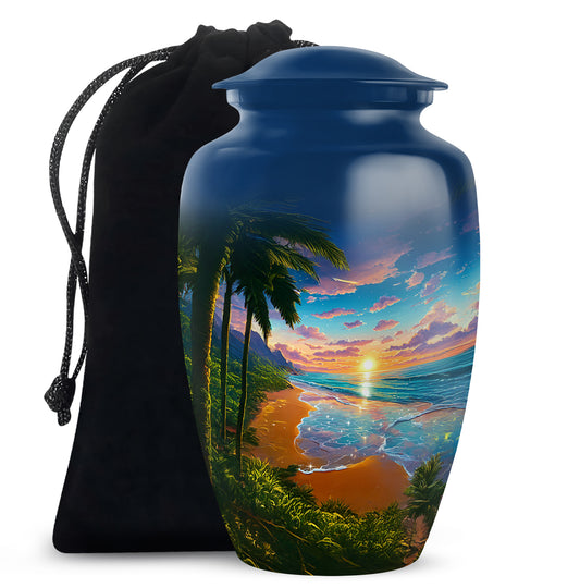 Beautiful Tropical Beach Cremation Urn - Ocean Sunset Memorial Urn For Ashes