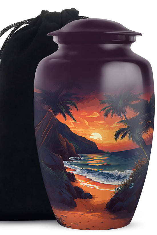 Beach Sunset Cremation Urn - Palm Tree Beach Funeral Urn For Loved Ones