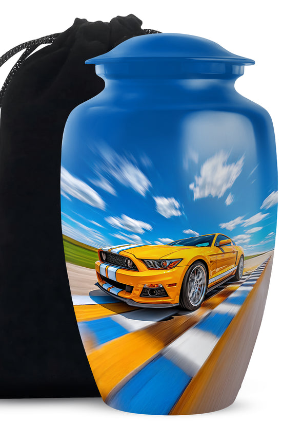 Yellow Sports Car Cremation Urn - Racing Track Memorial Urn For Adult Ashes