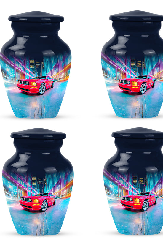 Cornflower Blue Car Cremation Urn side profile showing urn shape - elegant classic car relief with fine detailing - 10 inch aluminum urn for cremated remains