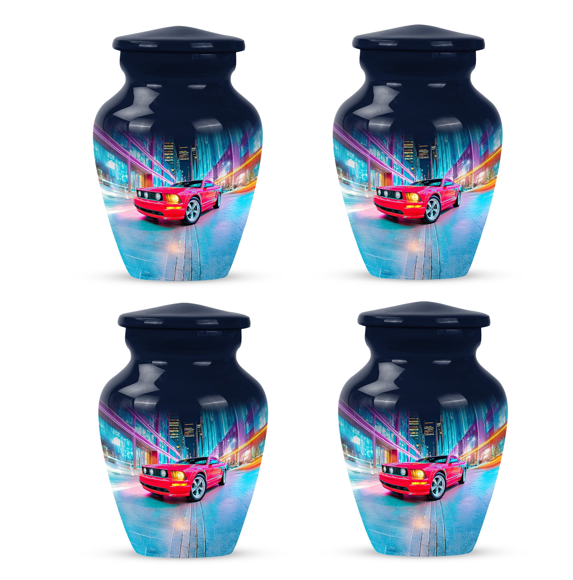 Cornflower Blue Car Cremation Urn side profile showing urn shape - elegant classic car relief with fine detailing - 10 inch aluminum urn for cremated remains