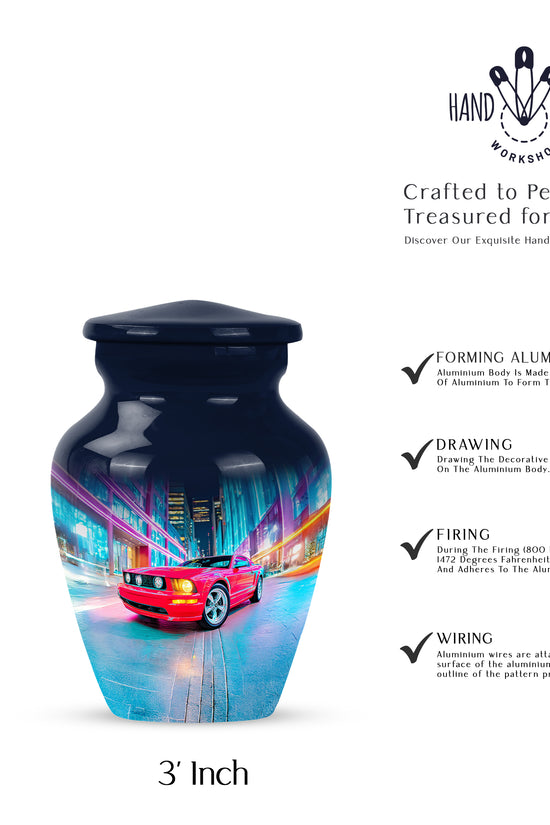 Dusty Blue Car Cremation Urn close-up of engraving and surface detail - classic sculpted car pattern on smooth aluminum - mini keepsake memorial for portion of cremation ashes