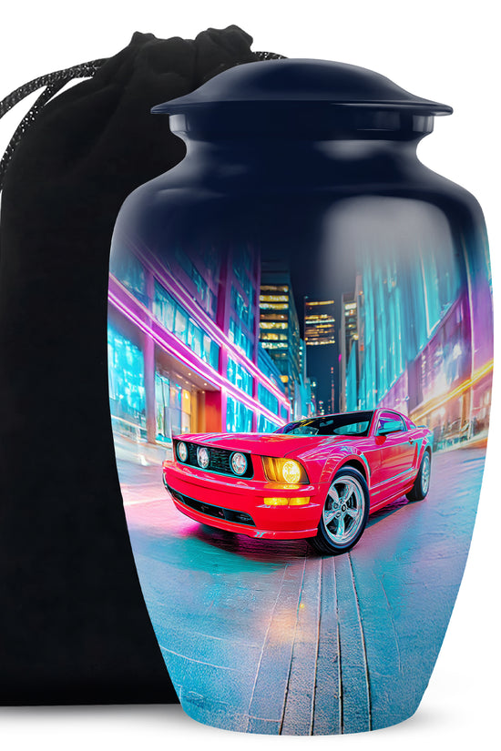 Sky Blue Car Cremation Urn angled view of lid and engraved motif - classic sculpted car pattern on smooth aluminum - full-size 10 inch 200 cubic inch adult cremation urn