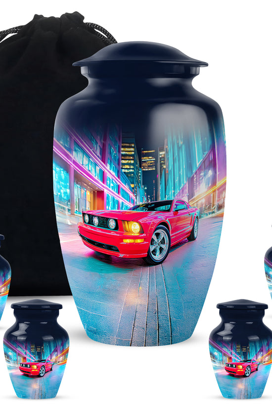 Royal Blue Car Cremation Urn top-down view of secure threaded lid - elegant classic car relief with fine detailing - memorial set with one large and four small urns