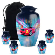 Royal Blue Car Cremation Urn top-down view of secure threaded lid - elegant classic car relief with fine detailing - memorial set with one large and four small urns