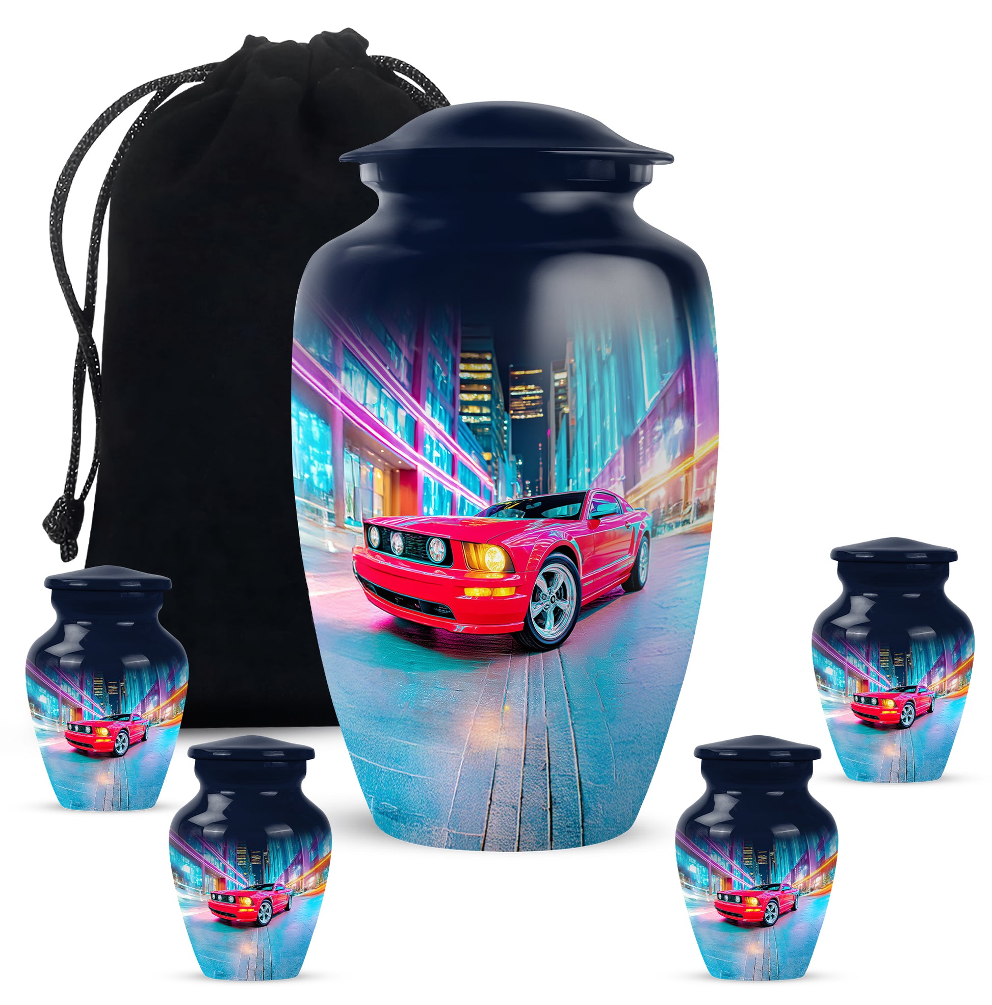 Royal Blue Car Cremation Urn top-down view of secure threaded lid - elegant classic car relief with fine detailing - memorial set with one large and four small urns