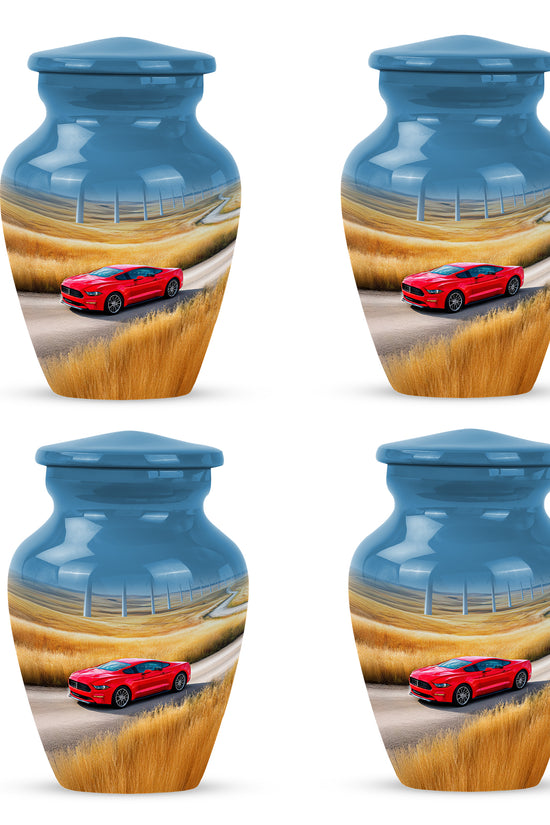 Pastel Blue Car Cremation Urn side profile showing urn shape - classic sculpted car pattern on smooth aluminum - 10 inch aluminum urn for cremated remains