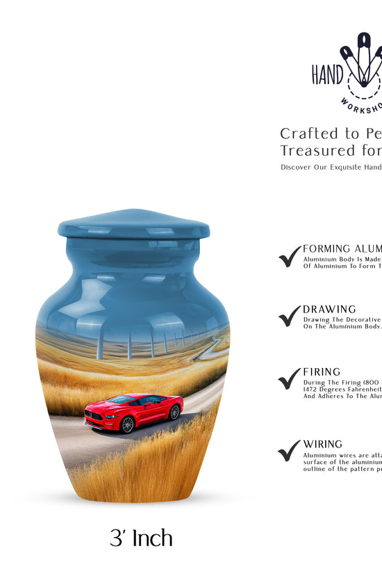Sapphire Blue Car Cremation Urn close-up of engraving and surface detail - traditional car engraving with hand-polished finish - mini keepsake memorial for portion of cremation ashes