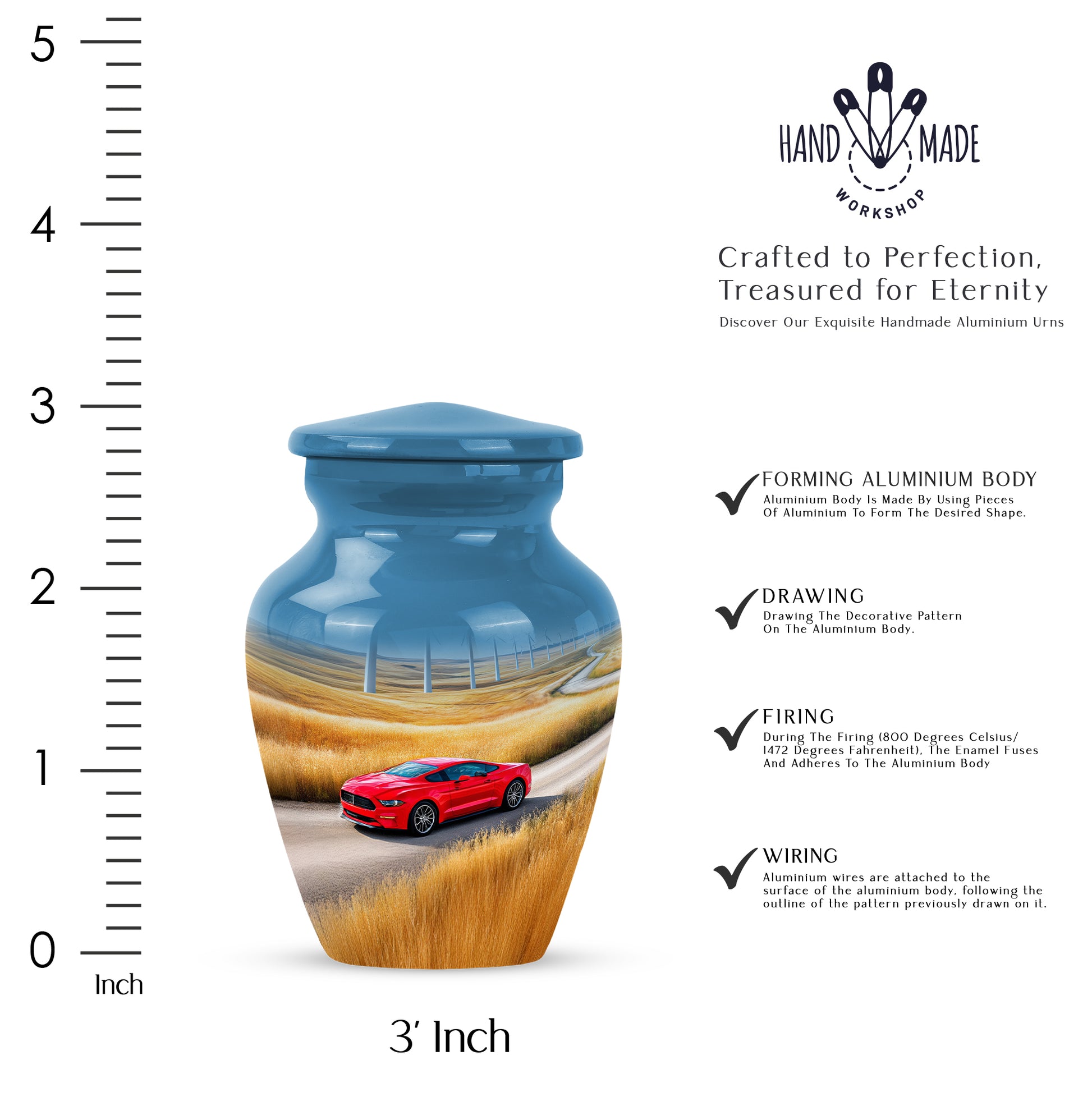 Sapphire Blue Car Cremation Urn close-up of engraving and surface detail - traditional car engraving with hand-polished finish - mini keepsake memorial for portion of cremation ashes