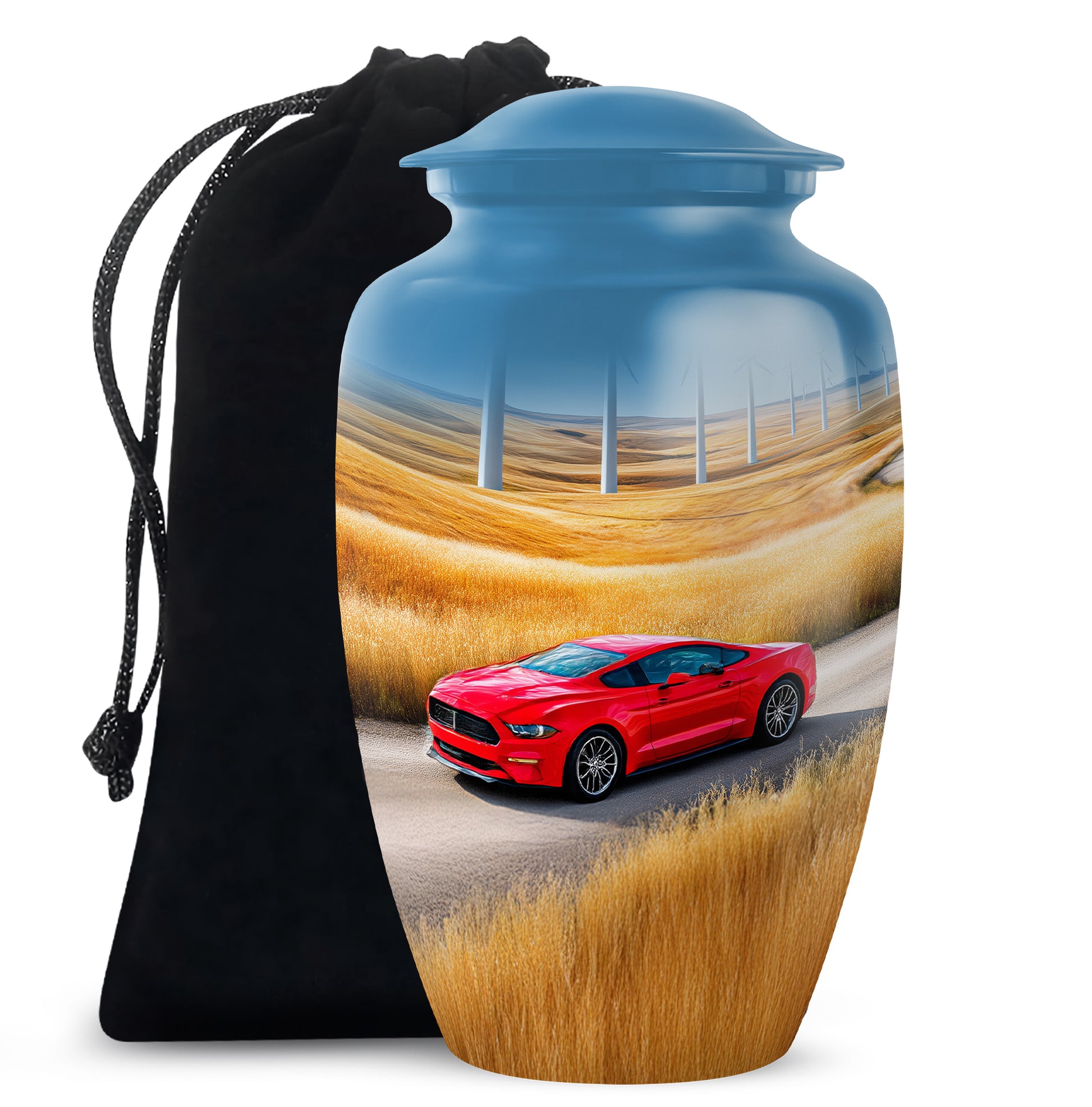 Pastel Blue Car Cremation Urn angled view of lid and engraved motif - classic sculpted car pattern on smooth aluminum - full-size 10 inch 200 cubic inch adult cremation urn