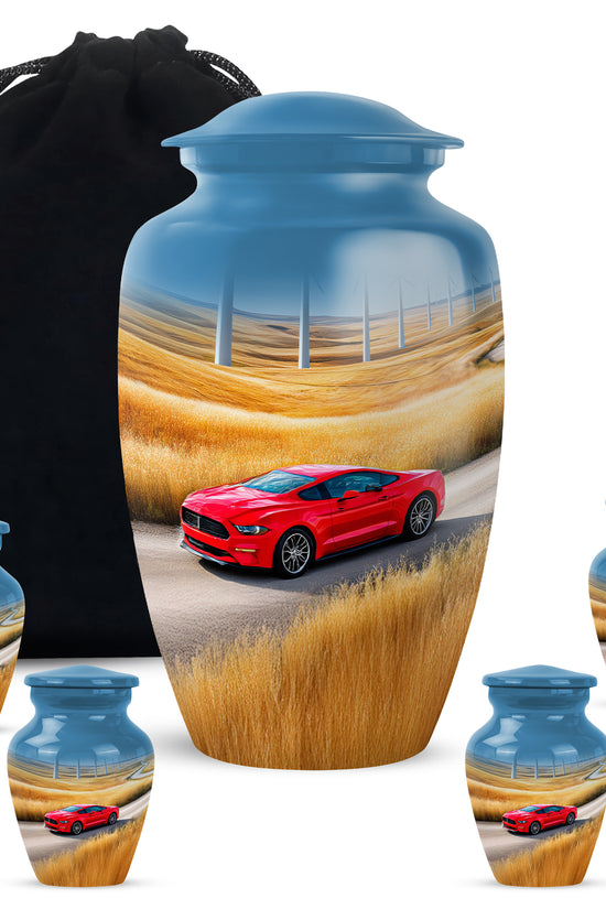 Pastel Blue Car Cremation Urn top-down view of secure threaded lid - classic sculpted car pattern on smooth aluminum - memorial set with one large and four small urns