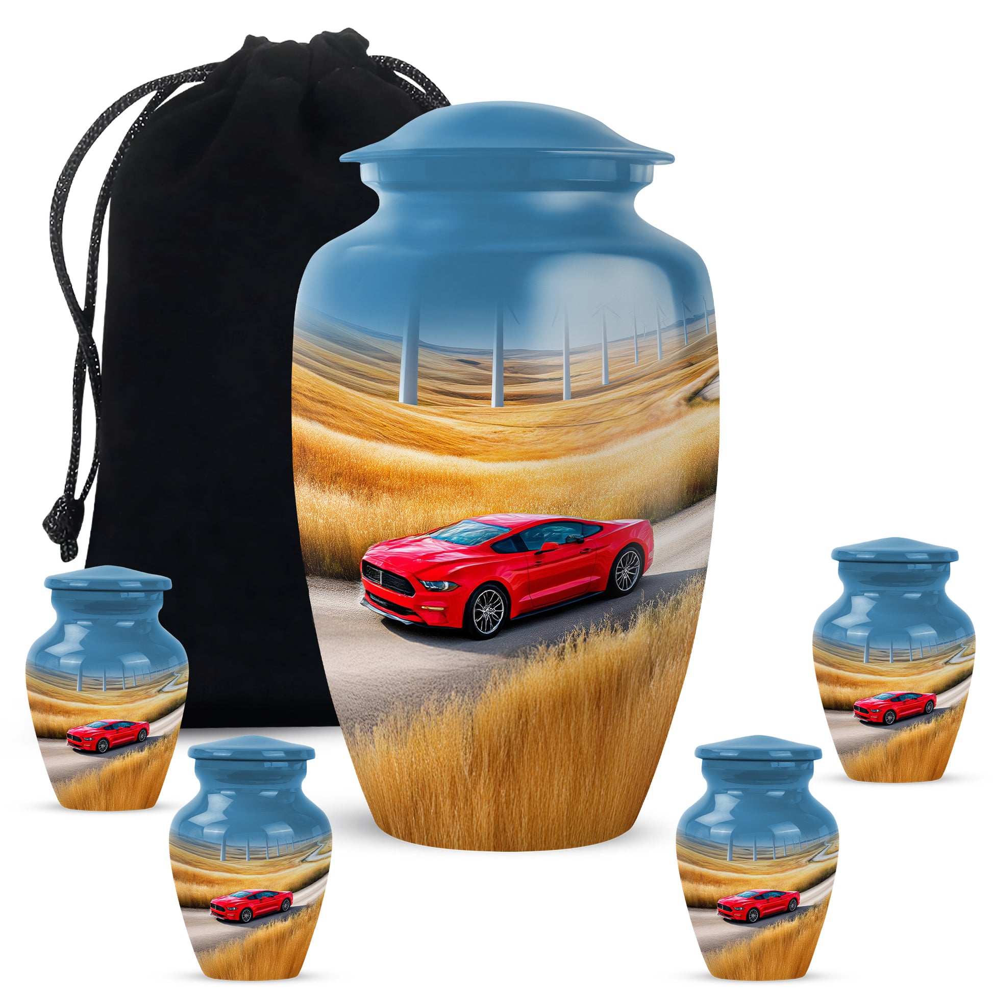 Pastel Blue Car Cremation Urn top-down view of secure threaded lid - classic sculpted car pattern on smooth aluminum - memorial set with one large and four small urns