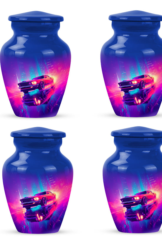 Bright Blue Car Cremation Urn side profile showing urn shape - traditional car engraving with hand-polished finish - 10 inch aluminum urn for cremated remains
