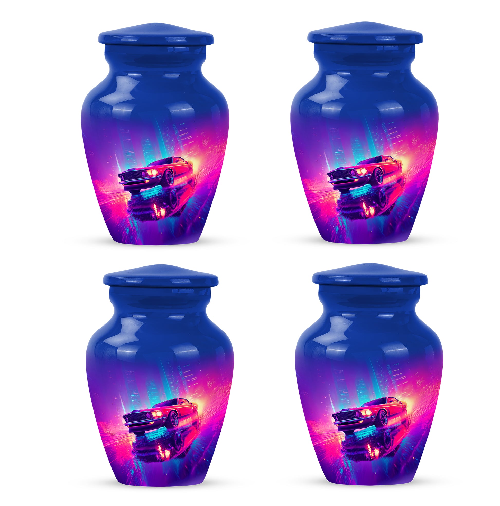 Bright Blue Car Cremation Urn side profile showing urn shape - traditional car engraving with hand-polished finish - 10 inch aluminum urn for cremated remains