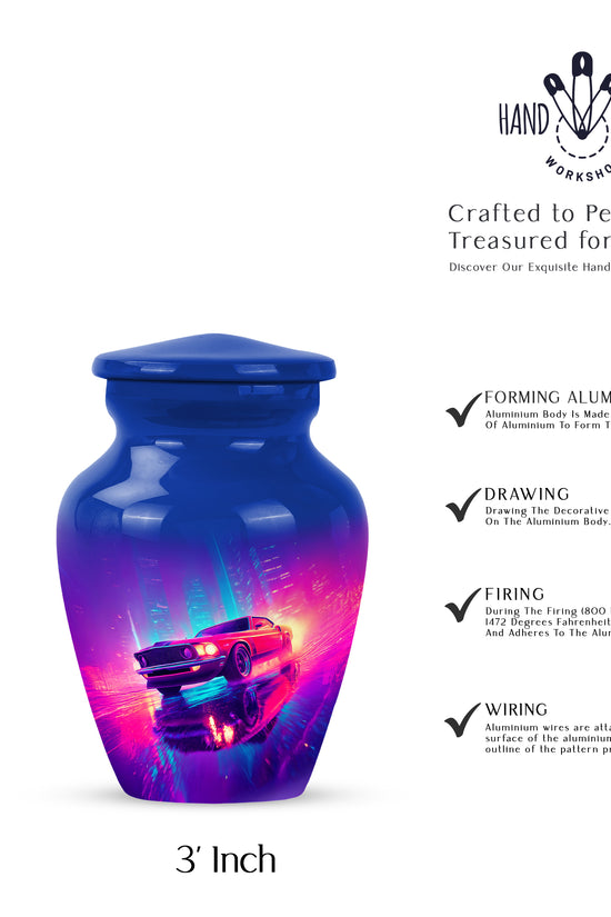 Celestial Blue Car Cremation Urn close-up of engraving and surface detail - timeless car motif etched into premium metal - mini keepsake memorial for portion of cremation ashes