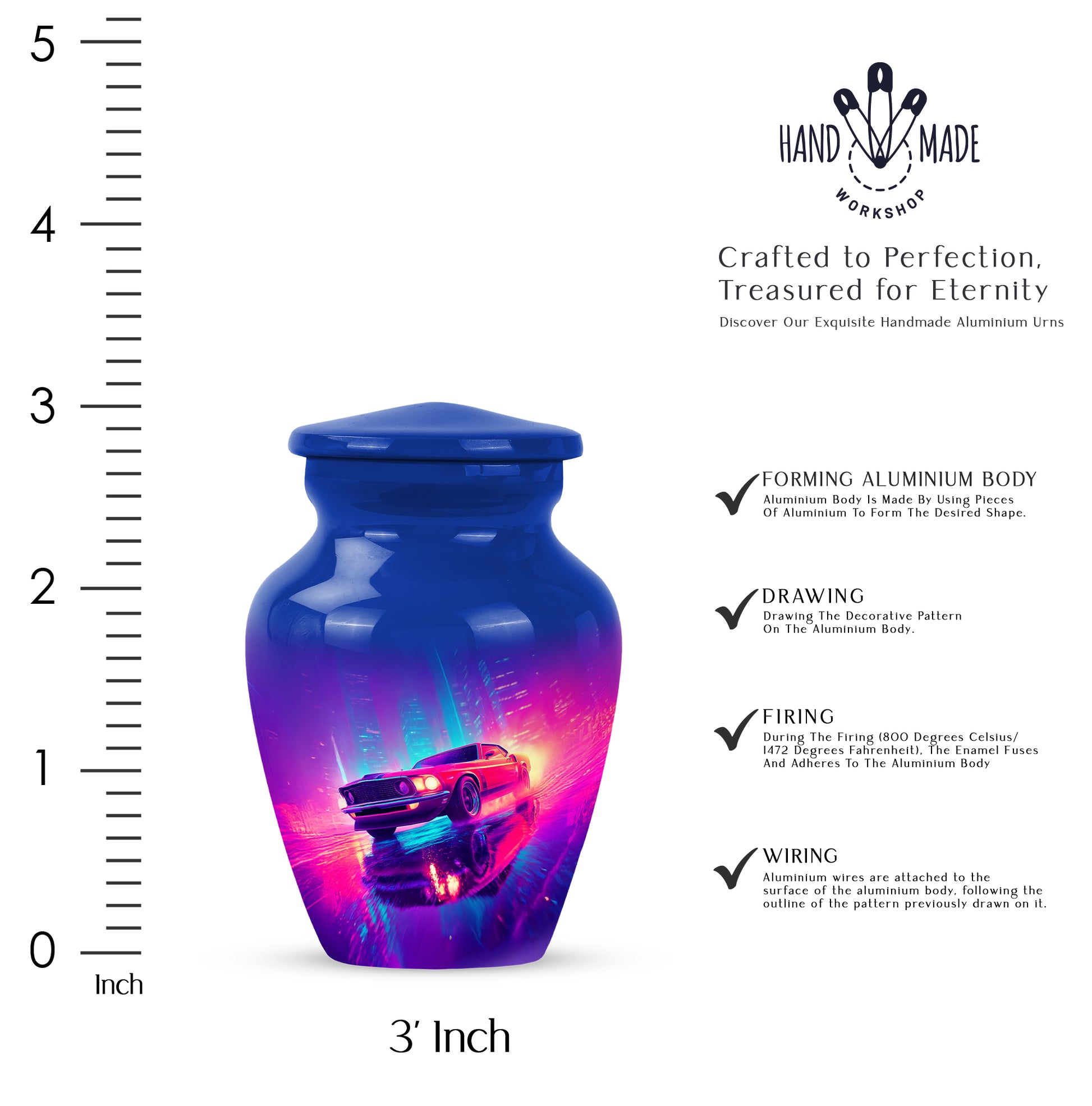 Celestial Blue Car Cremation Urn close-up of engraving and surface detail - timeless car motif etched into premium metal - mini keepsake memorial for portion of cremation ashes