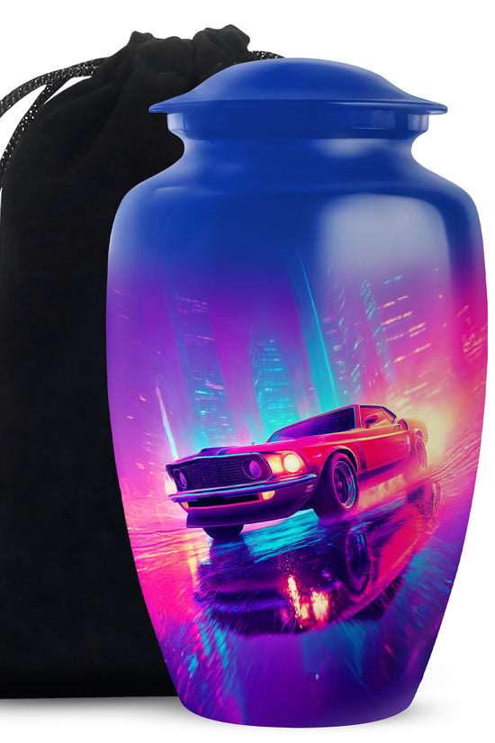 Azure Car Cremation Urn angled view of lid and engraved motif - timeless car motif etched into premium metal - full-size 10 inch 200 cubic inch adult cremation urn