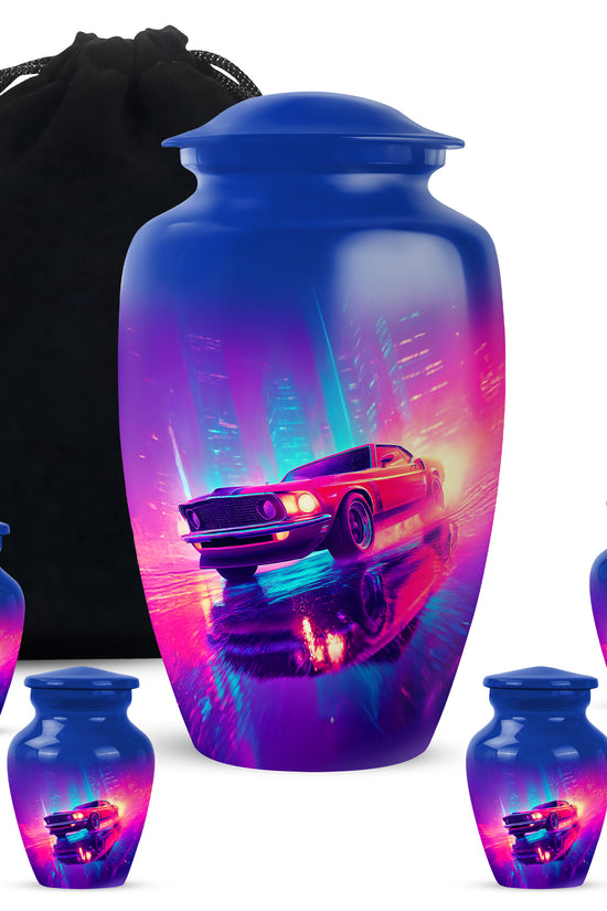 Sapphire Blue Car Cremation Urn top-down view of secure threaded lid - elegant classic car relief with fine detailing - memorial set with one large and four small urns