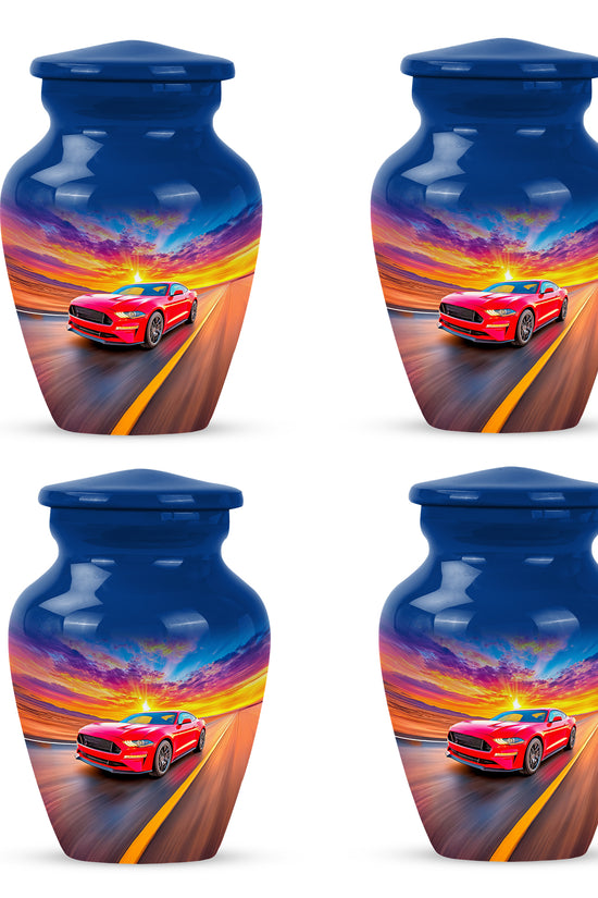 Royal Blue Car Cremation Urn side profile showing urn shape - traditional car engraving with hand-polished finish - 10 inch aluminum urn for cremated remains