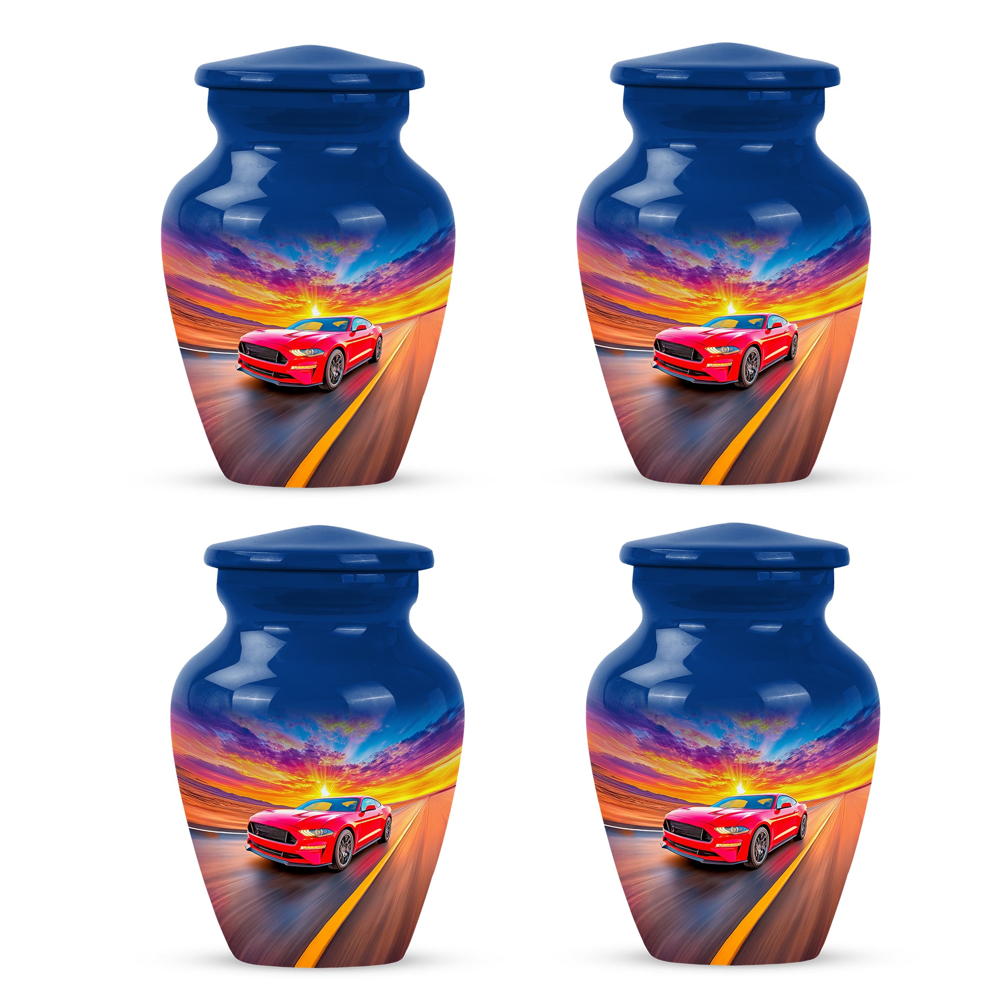 Royal Blue Car Cremation Urn side profile showing urn shape - traditional car engraving with hand-polished finish - 10 inch aluminum urn for cremated remains