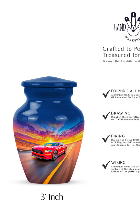 Navy Blue Car Cremation Urn close-up of engraving and surface detail - timeless car motif etched into premium metal - mini keepsake memorial for portion of cremation ashes
