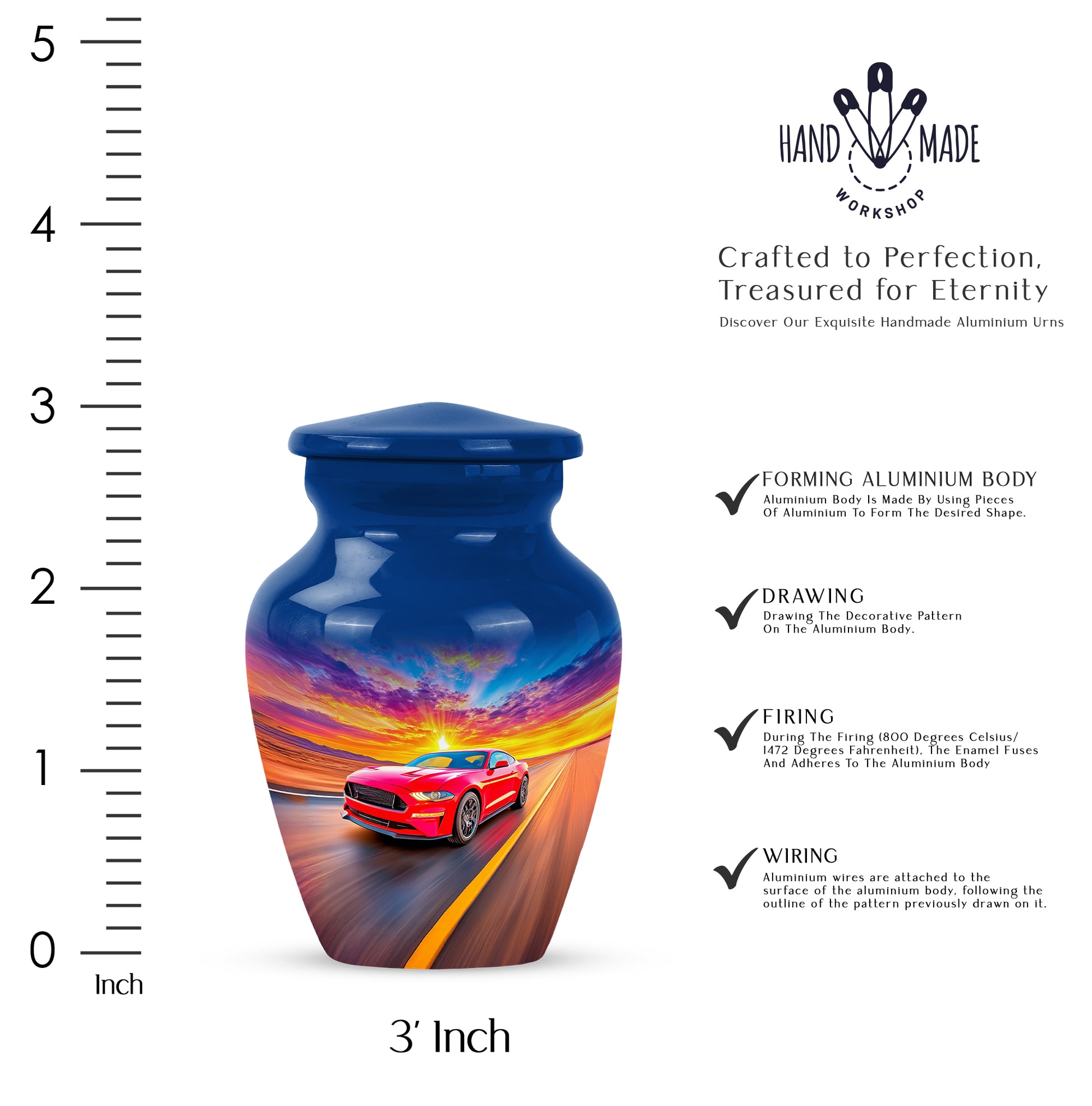 Navy Blue Car Cremation Urn close-up of engraving and surface detail - timeless car motif etched into premium metal - mini keepsake memorial for portion of cremation ashes