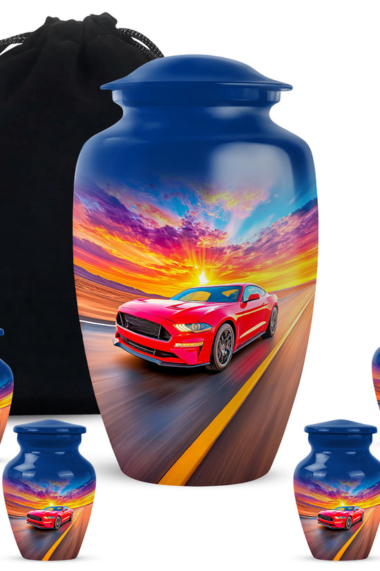 Navy Blue Car Cremation Urn top-down view of secure threaded lid - classic sculpted car pattern on smooth aluminum - memorial set with one large and four small urns