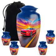 Navy Blue Car Cremation Urn top-down view of secure threaded lid - classic sculpted car pattern on smooth aluminum - memorial set with one large and four small urns