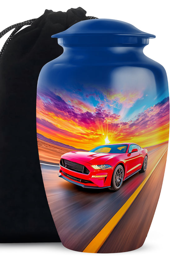 Celestial Blue Car Cremation Urn angled view of lid and engraved motif - timeless car motif etched into premium metal - full-size 10 inch 200 cubic inch adult cremation urn