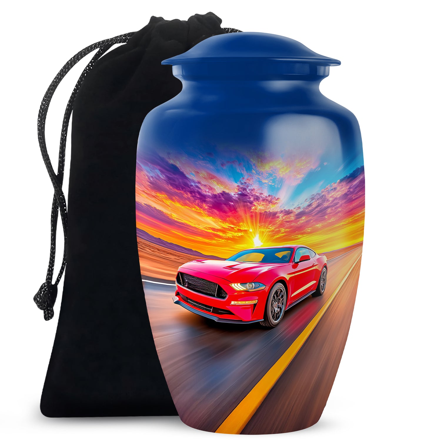 Celestial Blue Car Cremation Urn angled view of lid and engraved motif - timeless car motif etched into premium metal - full-size 10 inch 200 cubic inch adult cremation urn