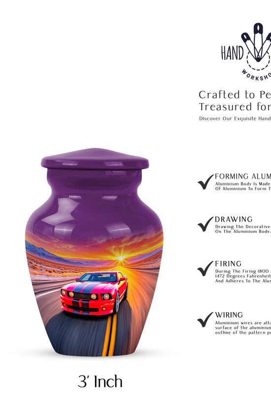 Blush Pink Car Cremation Urn close-up of engraving and surface detail - classic sculpted car pattern on smooth aluminum - mini keepsake memorial for portion of cremation ashes