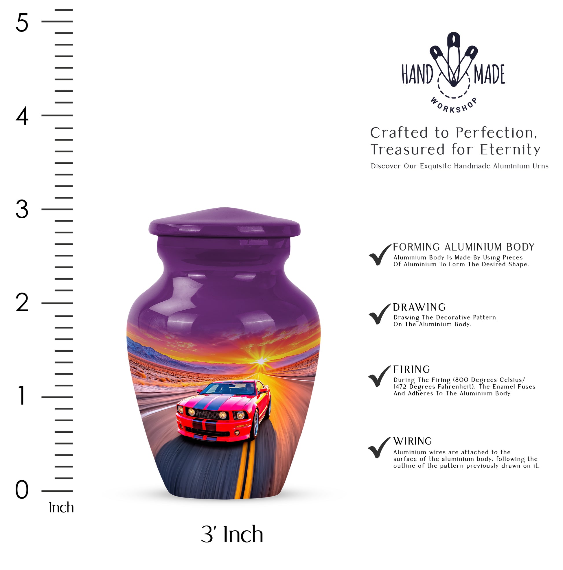 Blush Pink Car Cremation Urn close-up of engraving and surface detail - classic sculpted car pattern on smooth aluminum - mini keepsake memorial for portion of cremation ashes