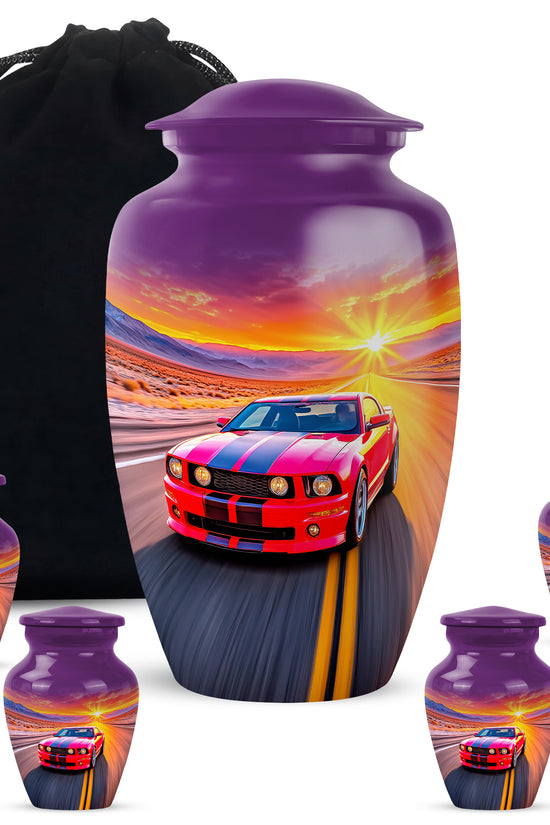 Rose Pink Car Cremation Urn top-down view of secure threaded lid - timeless car motif etched into premium metal - memorial set with one large and four small urns