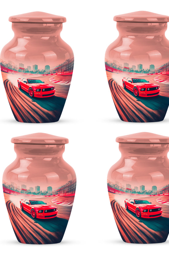 Crimson Red Car Cremation Urn side profile showing urn shape - timeless car motif etched into premium metal - 10 inch aluminum urn for cremated remains