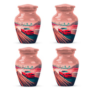 Crimson Red Car Cremation Urn side profile showing urn shape - timeless car motif etched into premium metal - 10 inch aluminum urn for cremated remains