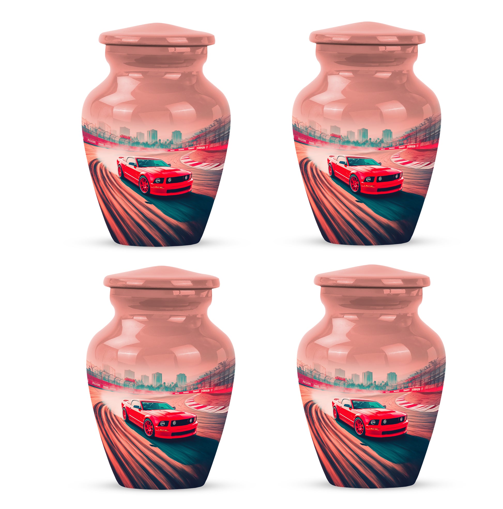 Crimson Red Car Cremation Urn side profile showing urn shape - timeless car motif etched into premium metal - 10 inch aluminum urn for cremated remains