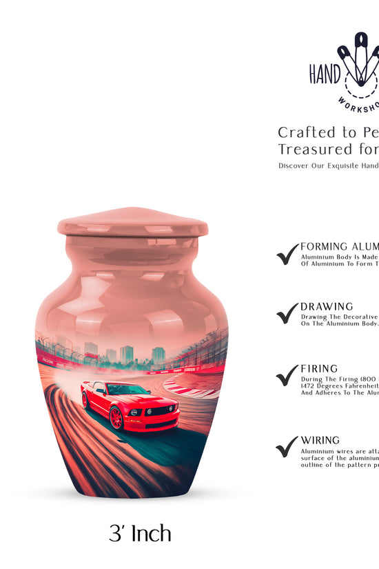 Ruby Red Car Cremation Urn close-up of engraving and surface detail - traditional car engraving with hand-polished finish - mini keepsake memorial for portion of cremation ashes