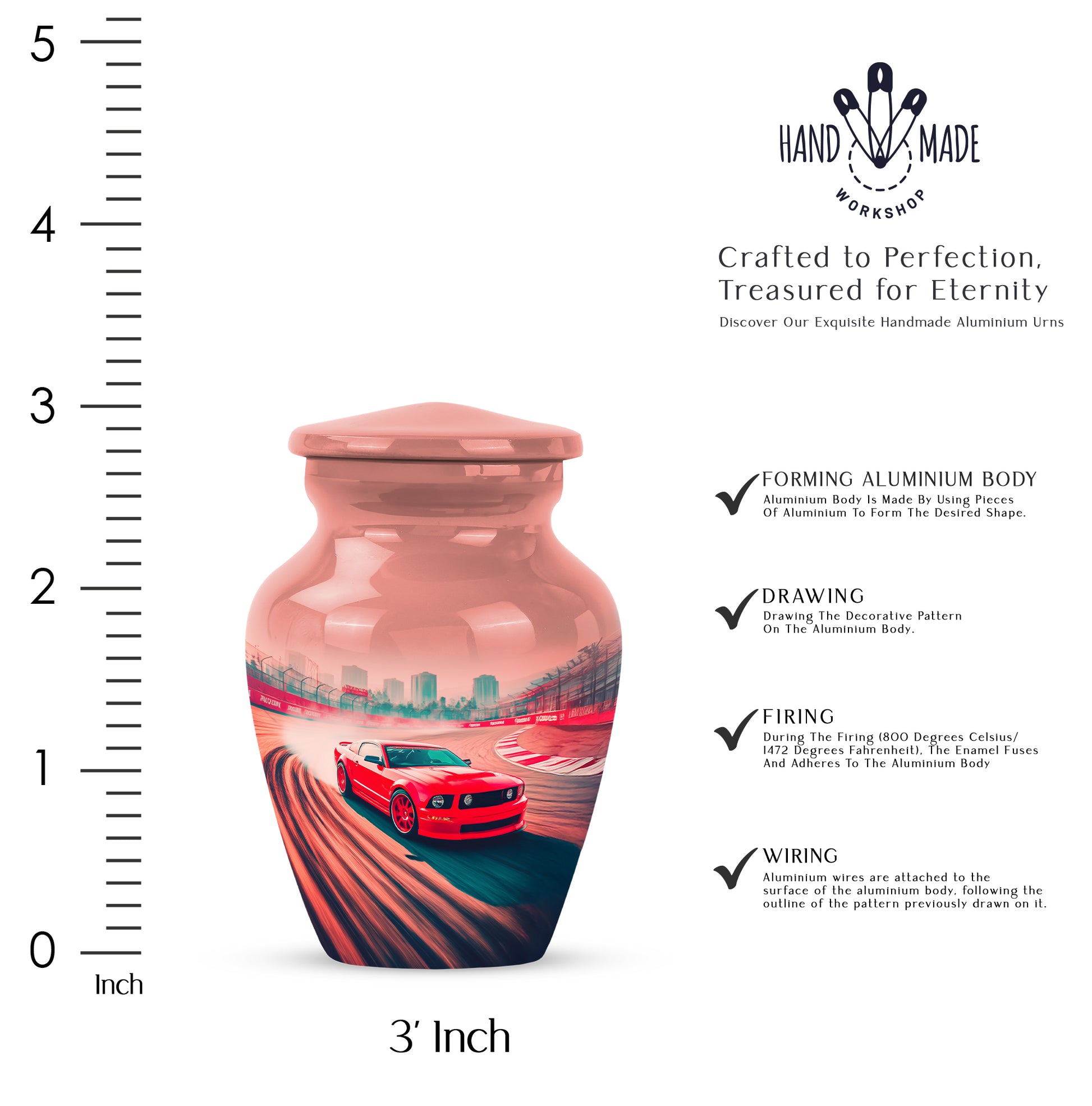 Ruby Red Car Cremation Urn close-up of engraving and surface detail - traditional car engraving with hand-polished finish - mini keepsake memorial for portion of cremation ashes