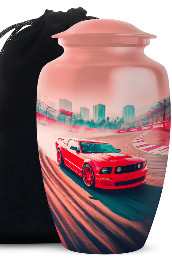 Deep Red Car Cremation Urn angled view of lid and engraved motif - timeless car motif etched into premium metal - full-size 10 inch 200 cubic inch adult cremation urn