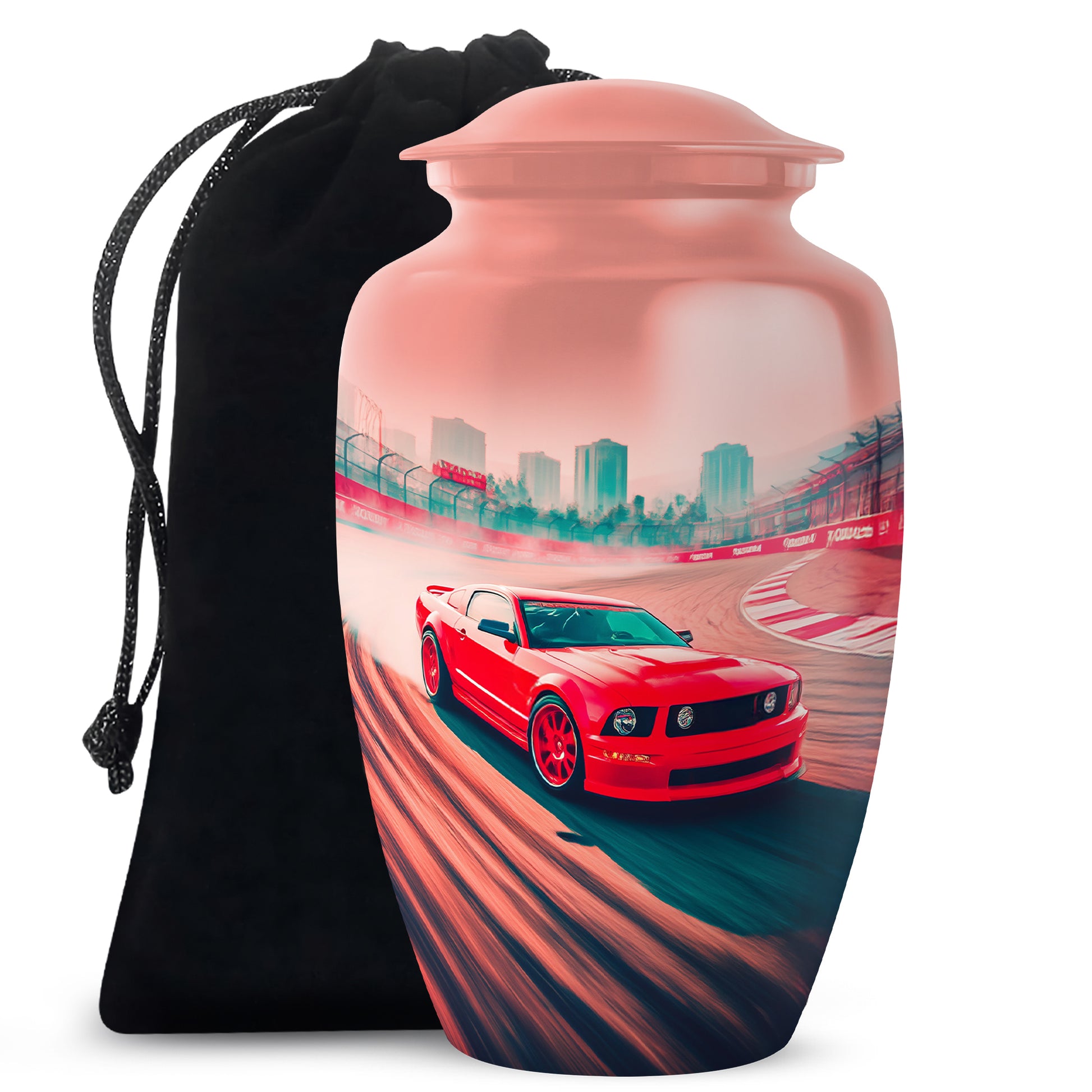 Deep Red Car Cremation Urn angled view of lid and engraved motif - timeless car motif etched into premium metal - full-size 10 inch 200 cubic inch adult cremation urn