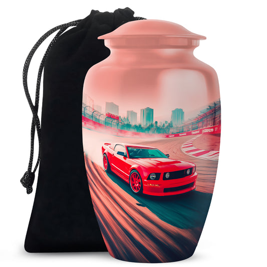 Deep Red Car Cremation Urn angled view of lid and engraved motif - timeless car motif etched into premium metal - full-size 10 inch 200 cubic inch adult cremation urn