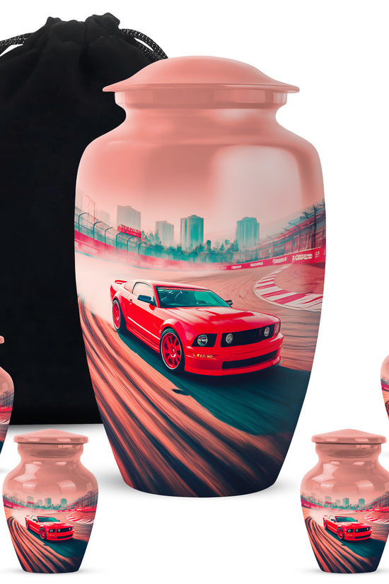 Deep Red Car Cremation Urn top-down view of secure threaded lid - timeless car motif etched into premium metal - memorial set with one large and four small urns